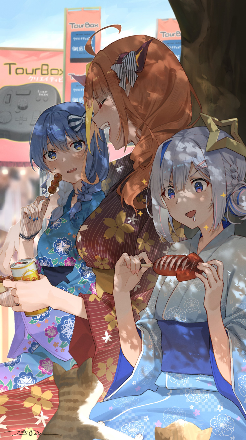 3girls absurdres ahoge amane_kanata angel bangs blonde_hair blue_eyes blue_hair blue_kimono blue_nails blunt_bangs blush bow braid breasts can cat closed_eyes colored_inner_hair commentary dappled_sunlight day diagonal-striped_bow dragon_girl dragon_horns drill_hair drooling english_commentary eyebrows_visible_through_hair eyes_visible_through_hair facing_another fishnet_gloves fishnets flat_chest floral_print food glint gloves gradient_kimono hair_between_eyes hair_bow hair_bun hair_ornament hairclip halo highres holding holding_can holding_food hololive horn_bow horns hoshimachi_suisei ikayaki japanese_clothes kimono kiryu_coco large_breasts long_hair looking_at_animal looking_at_another low_twintails medium_breasts mixed-language_commentary multicolored_hair multiple_girls obi official_alternate_costume open_mouth orange_hair outdoors pink_hair pointy_ears purple_kimono red_kimono sash short_hair side_braid side_drill side_ponytail sidelocks signature silver_hair single_hair_intake sitting sparkle squid star_(symbol) star_halo star_in_eye streaked_hair striped striped_bow sunlight sweat symbol_in_eye takoyaki tree tree_shade tsukino_(nakajimaseiki) twin_braids twintails under_tree upper_teeth virtual_youtuber wide_sleeves yukata
