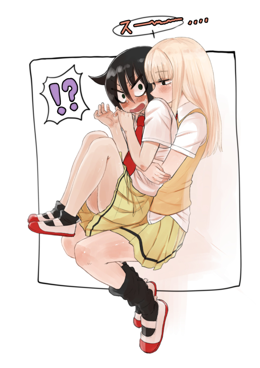 !? 2girls black_hair black_legwear blonde_hair blush collared_shirt commentary_request from_side ganbachi hair_between_eyes hidden_mouth highres hug hug_from_behind katou_asuka kneehighs kuroki_tomoko long_hair multiple_girls necktie open_mouth profile red_neckwear school_uniform shirt shoes short_sleeves sitting sitting_on_lap sitting_on_person socks spoken_interrobang sweat sweater_vest untucked_shirt uwabaki watashi_ga_motenai_no_wa_dou_kangaetemo_omaera_ga_warui! white_shirt yuri