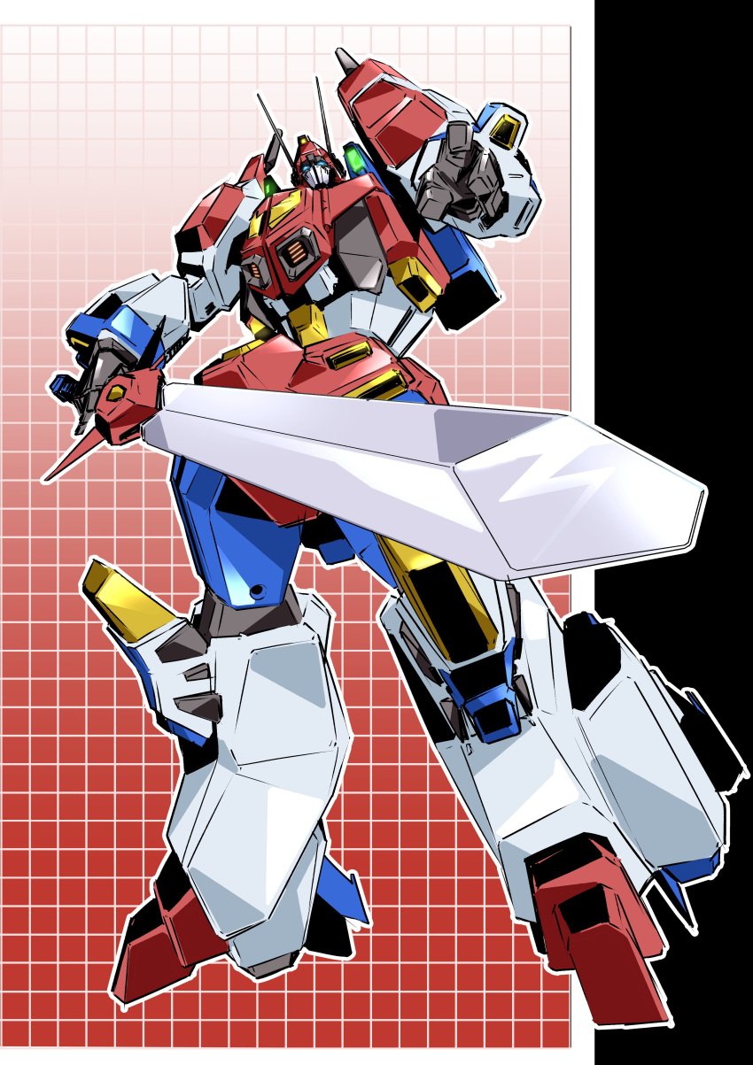 1boy absurdres autobot blue_eyes glowing glowing_eyes highres holding holding_sword holding_weapon looking_up mecha mogi_yasunobu no_humans open_hand science_fiction solo star_saber_(transformers) super_robot sword transformers transformers_victory weapon