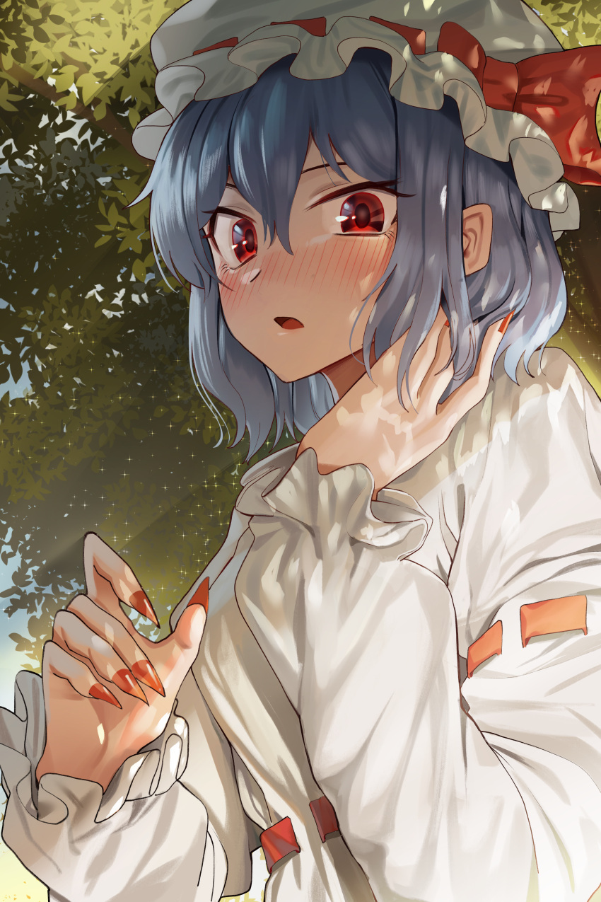 1girl absurdres bangs blue_hair blue_sky blush bow dress goback hair_between_eyes hands_up hat hat_bow highres huge_filesize long_sleeves looking_at_viewer open_mouth red_bow red_eyes red_nails remilia_scarlet shadow short_hair sky solo sunlight touhou tree white_dress white_headwear white_sleeves