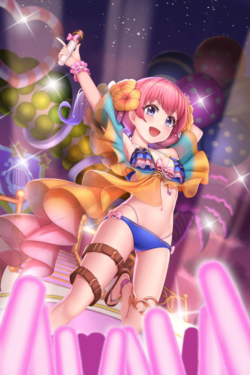 1girl :d absurdres bikini blue_bikini cementite flip-flops flower glint hair_flower hair_ornament highres holding holding_microphone microphone navel night open_mouth orange_flower outdoors pink_hair princess_connect! sandals smile solo stage swimsuit thigh_strap tsumugi_(princess_connect!) violet_eyes