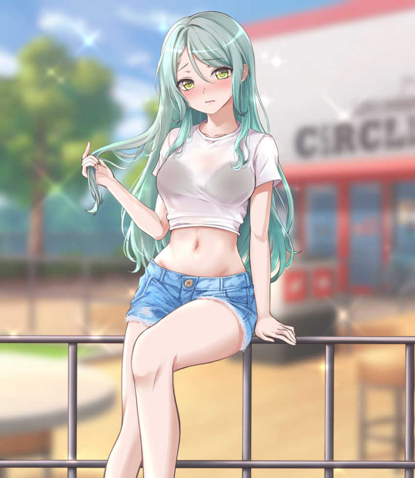 1girl alternate_costume aqua_hair arm_support bang_dream! bangs black_bra blue_sky blurry blurry_background blush bra breasts building chair closed_mouth clouds collarbone commentary_request cowboy_shot crop_top cutoffs day denim denim_shorts eyebrows_visible_through_hair green_eyes groin hair_between_eyes highres hikawa_sayo holding holding_hair long_hair looking_at_viewer medium_breasts midriff mssa_(mne123456) navel nose_blush outdoors railing see-through shirt short_shorts short_sleeves shorts sidelocks sitting sitting_on_railing sky solo sparkle t-shirt table tree underwear white_shirt