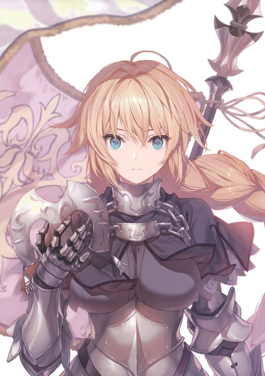 1girl absurdres armor armored_dress bangs blonde_hair blue_eyes braid breasts capelet chain closed_mouth fate/apocrypha fate/grand_order fate_(series) flag fur_trim gauntlets headpiece helmet highres holding jeanne_d'arc_(fate) jeanne_d'arc_(fate)_(all) long_braid long_hair looking_at_viewer medium_breasts saitou_masatsugu scan shiny shiny_hair single_braid solo tied_hair upper_body very_long_hair white_background