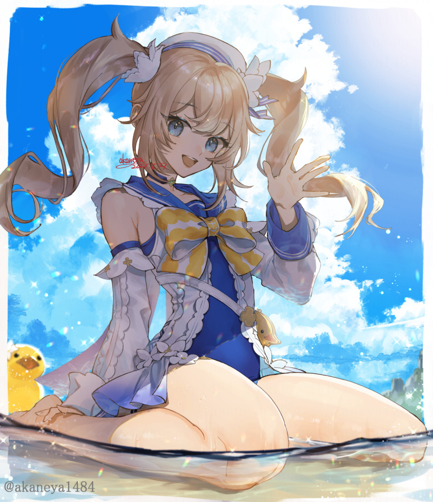 1girl barbara_(genshin_impact) barbara_(summertime_sparkle)_(genshin_impact) bird blonde_hair blue_eyes blue_sky bow bowtie clouds cloudy_sky drill_hair duck genshin_impact hands_up hat highres looking_at_viewer ojo_aa one-piece_swimsuit open_mouth partially_submerged sailor_hat signature sky solo swimsuit twin_drills twintails water