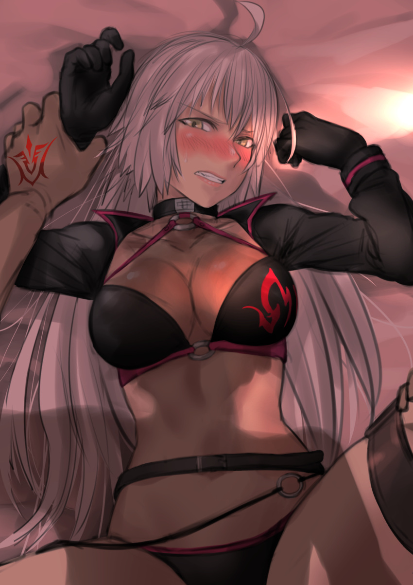 1boy 1girl ahoge bikini black_bikini black_gloves blush breasts choker command_spell fate/grand_order fate_(series) gloves hands highres holding holding_another's_arm holding_another's_thighs jeanne_d'arc_(alter)_(fate) jeanne_d'arc_(alter_swimsuit_berserker)_(fate) jeanne_d'arc_(fate)_(all) kirie_kairi large_breasts leg_lift long_hair looking_at_viewer lying o-ring o-ring_bikini on_back on_bed pov swimsuit very_long_hair yellow_eyes