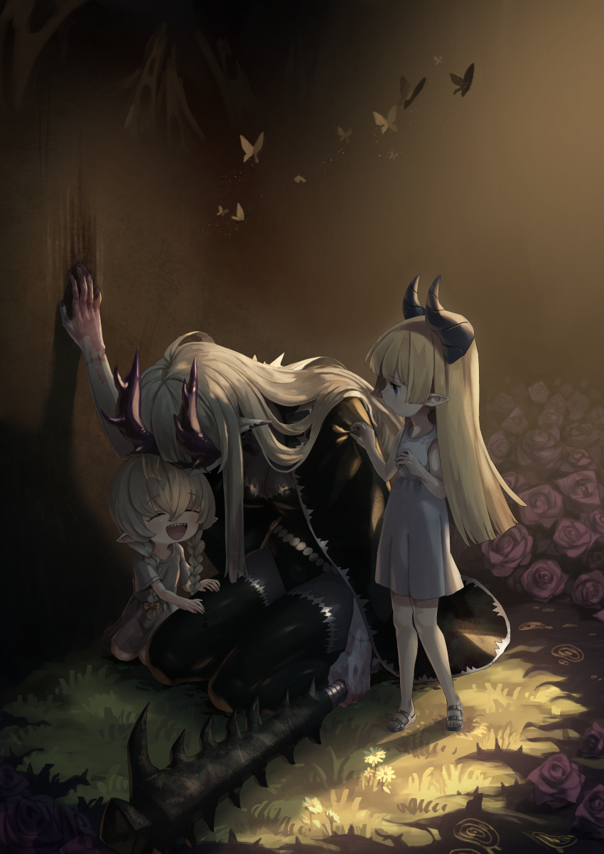 3girls :d absurdres black_cape blonde_hair blue_eyes braid bug butterfly cape child club dress flower grass grey_dress highres holding holding_weapon horns insect kneeling long_hair multiple_girls okame_nin open_mouth original pointy_ears red_flower red_rose rose smile spiked_club spiked_horns stitched_arm twin_braids urushia_(okame_nin) weapon younger