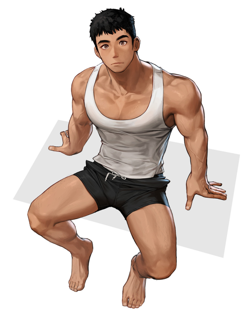 1boy bare_legs barefoot black_hair black_shorts brown_eyes full_body highres invisible_chair looking_at_viewer male_focus muscular muscular_male original rinotuna shadow short_hair shorts sitting solo tank_top white_tank_top