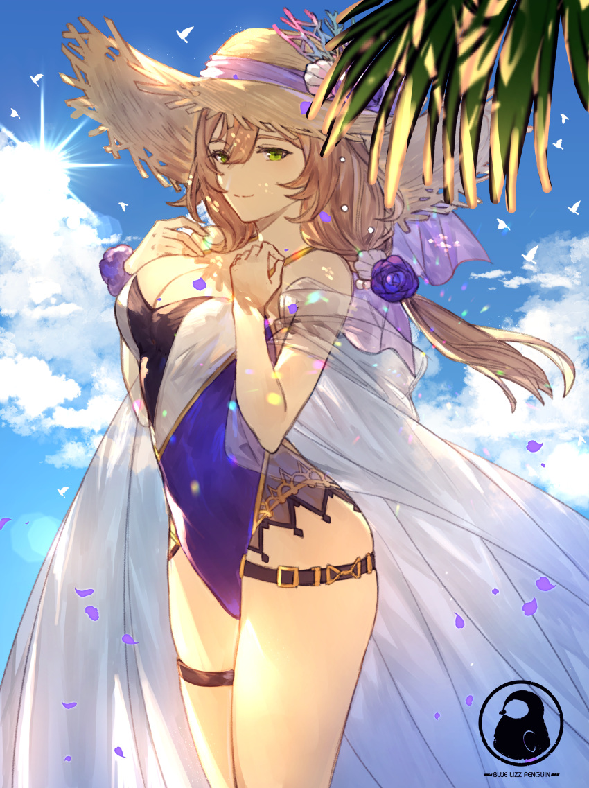 1girl artist_name beach bird blue_lizz_penguin breasts brown_hair cleavage clouds day genshin_impact green_eyes hat lisa_(genshin_impact) looking_at_viewer one-piece_swimsuit petals purple_swimsuit smile solo straw_hat sunlight swimsuit