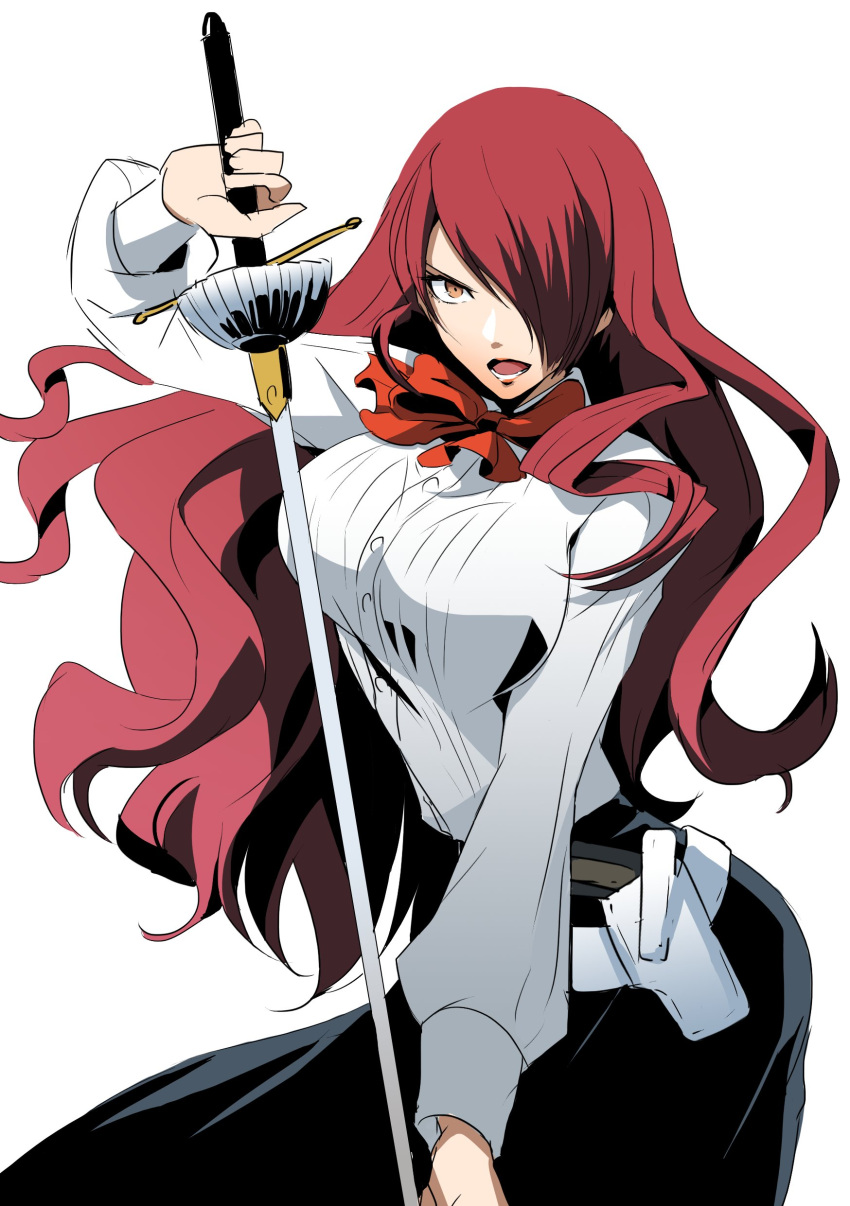 1girl absurdres blade bow breasts collared_shirt highres holster igusaharu kirijou_mitsuru large_breasts long_hair long_sleeves looking_at_viewer one_eye_covered open_mouth orange_eyes persona persona_3 rapier red_bow redhead shirt simple_background skirt sword weapon white_background white_shirt