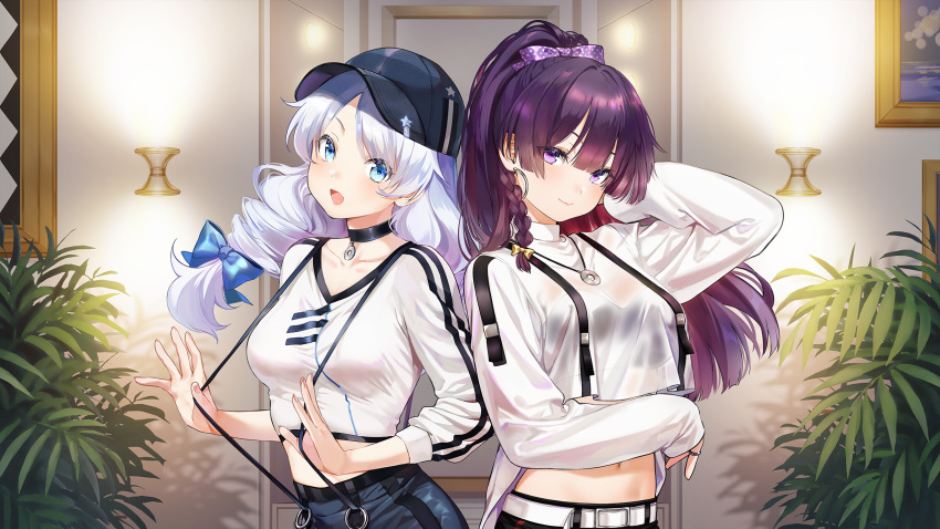 2girls bangs baseball_cap belt benghuai_xueyuan blue_eyes blue_headwear braid casual closed_mouth fashion hair_between_eyes hat highres honkai_(series) honkai_impact_3rd indoors kiana_kaslana long_hair long_sleeves looking_at_viewer multiple_girls navel official_art open_mouth painting_(object) planted ponytail purple_hair raiden_mei see-through_shirt shirt smile twin_braids violet_eyes white_hair white_shirt