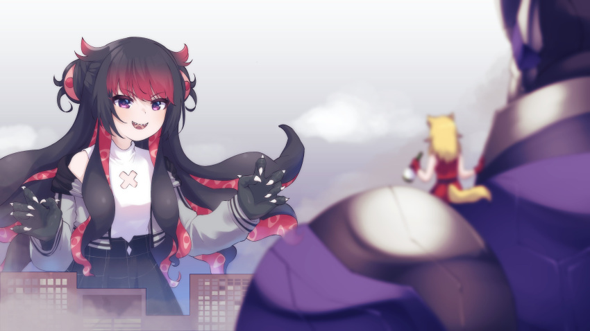 1boy 2girls absurdres bangs black_hair black_skirt blonde_hair blurry blurry_foreground bottle breasts cat_tail claw_pose eyebrows_visible_through_hair fingernails from_behind furuya_mari giant giantess gradient_hair grey_hoodie highres holding holding_bottle hood hoodie hoshino_char indie_virtual_youtuber mecha monster_girl multicolored_hair multiple_girls off_shoulder redhead sharp_fingernails shirt shirt_tucked_in skirt sleeveless sleeveless_shirt small_breasts tail tentacle_hair tsunderia v-shaped_eyebrows valefal_coneri valefor_(vtuber) violet_eyes virtual_youtuber white_nails white_shirt