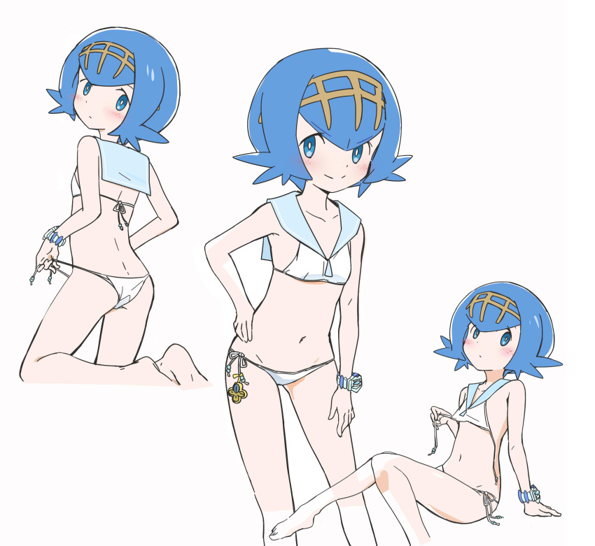 1girl adapted_costume arm_support bangs barefoot bikini bikini_tug blue_eyes blue_hair blush bracelet bright_pupils closed_mouth collarbone commentary_request eyebrows_visible_through_hair eyelashes female hairband hand_on_hip highres jewelry kneeling knees_together_feet_apart lana_(pokemon) leaning_forward looking_at_viewer looking_back multiple_views nagitaro navel no_sclera pokemon pokemon_(game) pokemon_sm sailor_collar short_hair side-tie_bikini sitting soles swimsuit toes trial_captain white_bikini white_pupils yellow_hairband z-ring