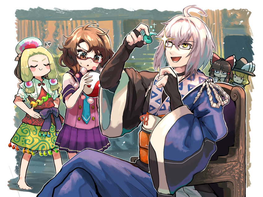 1boy 2girls ahoge barefoot blonde_hair blue_kimono braid brown_hair chair character_doll green_neckwear grey_hair hakurei_reimu highres holding howhow_notei indoors japanese_clothes kimono kirisame_marisa morichika_rinnosuke multiple_girls necktie official_alternate_costume orb purple_skirt school_uniform sitting skirt stuffed_toy sweat tamatsukuri_misumaru touhou twin_braids two-tone_kimono usami_sumireko yin_yang yin_yang_orb