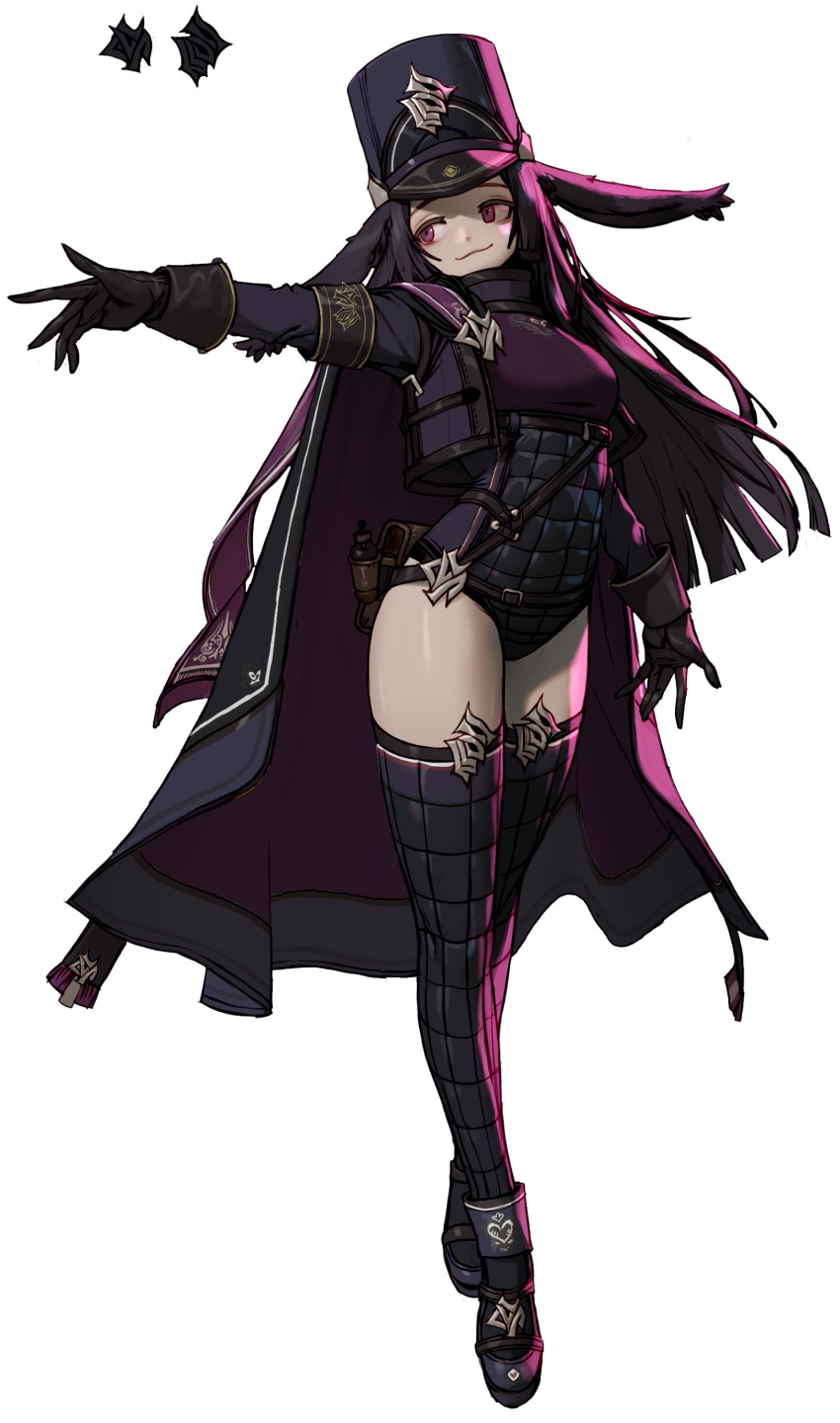 1girl absurdres black_footwear black_gloves black_hair black_headwear black_jacket black_legwear breasts cape full_body gloves highres jacket long_hair medium_breasts original rinotuna shadow shoes simple_background smile solo standing thigh-highs violet_eyes white_background