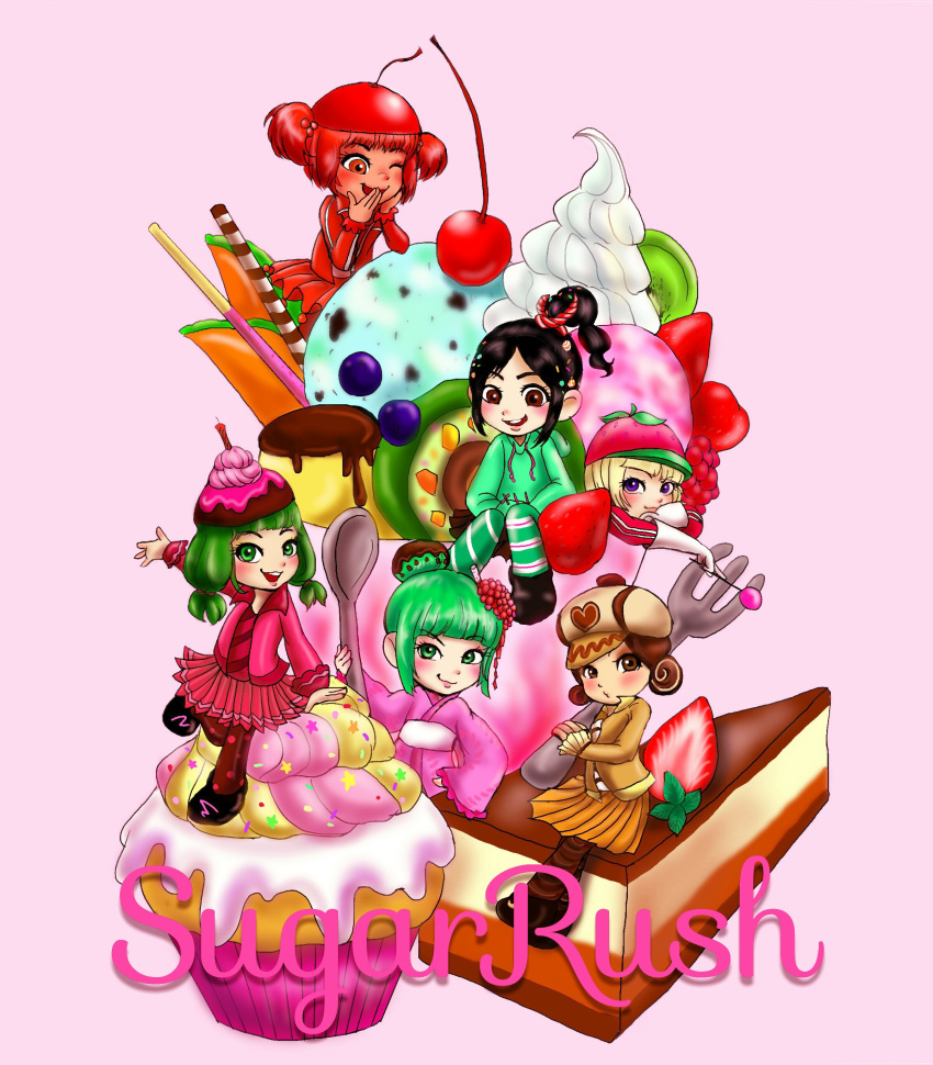 6+girls absurdres black_footwear black_hair boots brown_eyes brown_hair cake cake_hat candle candlehead candy candy_hair_ornament cherry cherry_hat child chocolate_drip climbing cone cream crumbelina_di_carmello cup cupcake disney double_bun food food-themed_hair_ornament fork fruit gloves green_eyes green_hair hair_bun hair_ornament happy-yotsubanokuro-ba-678 highres holding holding_candy holding_food holding_lollipop hood hoodie ice_cream ice_cream_cone jacket japanese_clothes jubileena_bing-bing kimono kiwi_slice leggings lollipop low_twintails minigirl mint minty_sakura multiple_girls pantyhose petite platinum_blonde_hair pocki ponytail pudding red_eyes redhead short_twintails sitting skirt smile spoon sprinkles stitches strawberry strawberry_hat taffyta_muttonfudge tan tiramisu twintails vanellope_von_schweetz violet_eyes whipped_cream wreck-it_ralph