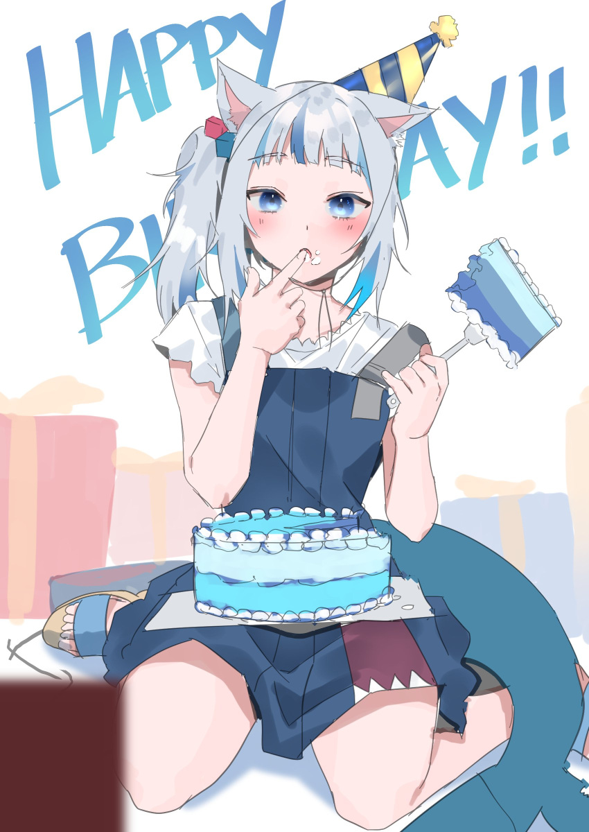 1girl absurdres animal_ears bangs blue_dress blue_hair cake cat_ears dress eating english_commentary eyebrows_visible_through_hair fish_tail food fork gawr_gura happy_birthday hat hievasp highres holding holding_fork hololive hololive_english looking_at_viewer multicolored_hair party_hat shark_tail shirt side_ponytail silver_hair solo streaked_hair tail two_side_up white_shirt