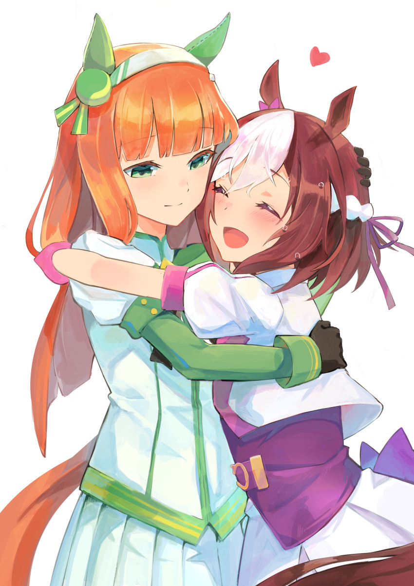 2girls 322ojisan absurdres animal_ears bangs black_gloves blunt_bangs blush bow brown_hair closed_eyes closed_mouth clothing_request commentary_request cowboy_shot ear_bow ear_covers eyebrows_visible_through_hair gloves green_eyes hairband heart highres horse_ears hug juliet_sleeves long_hair long_sleeves looking_at_another looking_down multicolored_hair multiple_girls open_mouth orange_hair pleated_skirt puffy_short_sleeves puffy_sleeves purple_bow purple_ribbon purple_shirt ribbon shirt short_hair short_sleeves silence_suzuka_(umamusume) simple_background skirt smile special_week_(umamusume) standing tail two-tone_hair umamusume white_background white_hair white_hairband white_skirt
