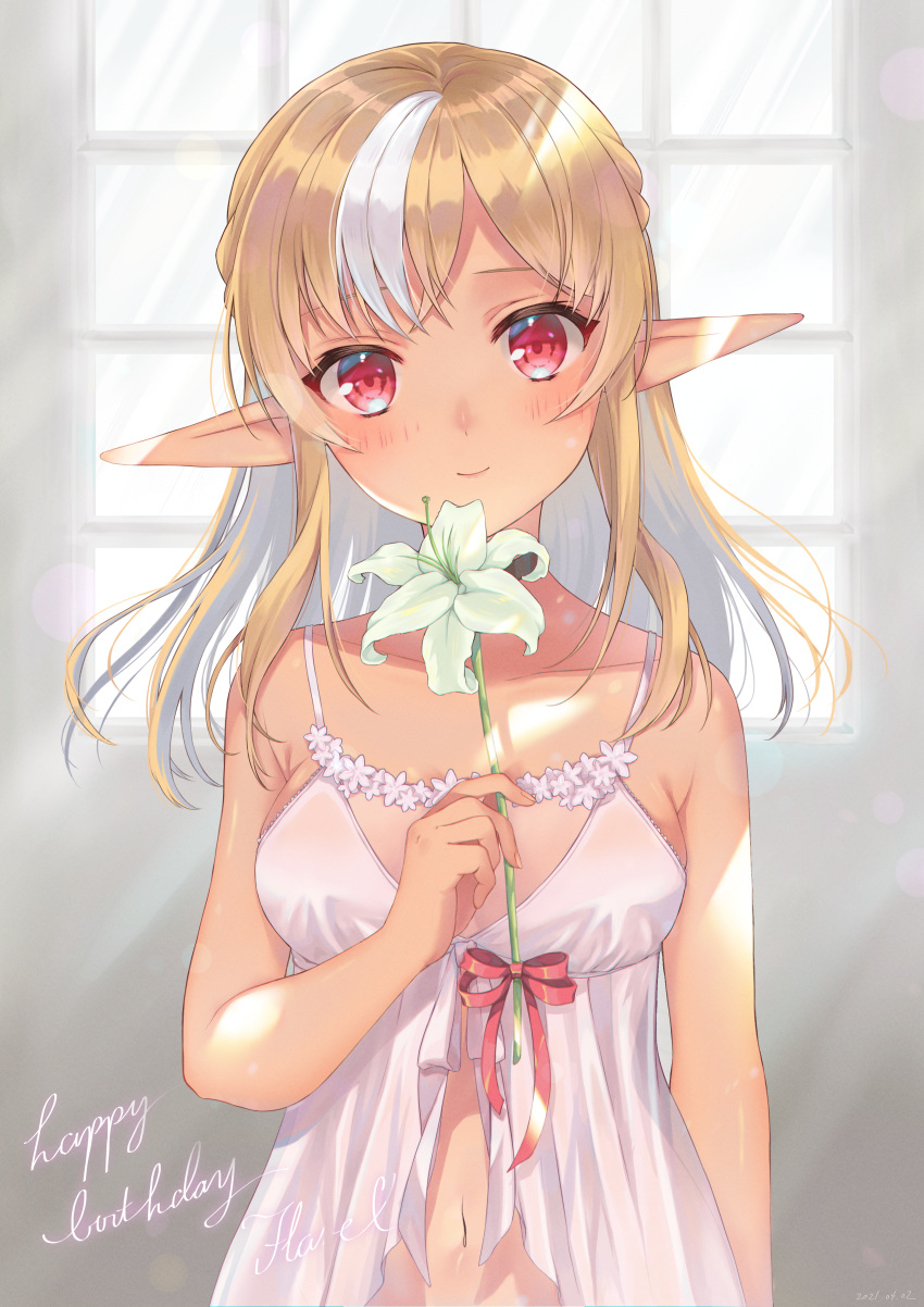1girl absurdres babydoll bangs bare_arms bare_shoulders blonde_hair blush breasts character_name closed_mouth collarbone dark-skinned_female dark_skin elf eyebrows_visible_through_hair flower happy_birthday highres holding holding_flower hololive huge_filesize indoors kabi_akaru lily_(flower) lingerie looking_at_viewer multicolored_hair navel pointy_ears red_eyes red_ribbon ribbon shiranui_flare small_breasts smile solo streaked_hair two-tone_hair underwear underwear_only virtual_youtuber white_hair window