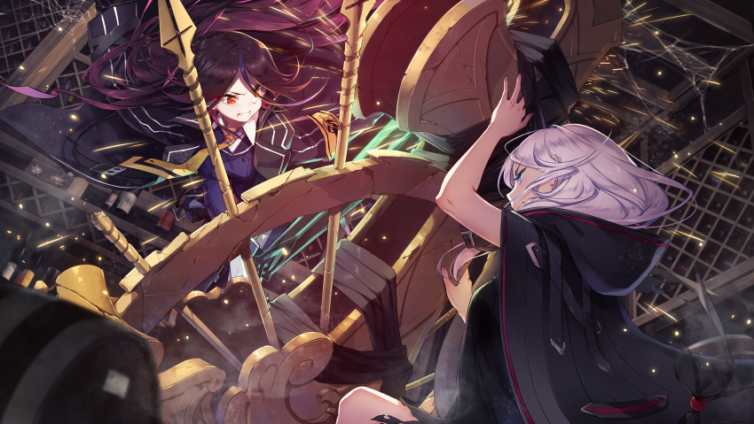angry artist_request benghuai_xueyuan black_hair black_jacket blue_eyes cape character_request crack cross_(weapon) fighting highres holding holding_sword holding_weapon honkai_(series) honkai_impact_3rd jacket long_hair looking_at_another necktie official_art polearm red_eyes side_ponytail spear sword teeth theresa_apocalypse weapon white_hair