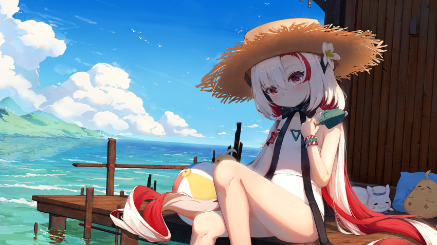 1girl =_= armband azur_lane ball bangs bare_shoulders beachball black_ribbon blue_sky blush chinese_commentary closed_mouth clouds commentary_request cowboy_shot day eyebrows_visible_through_hair flower hair_between_eyes hair_flower hair_ornament hat highres holding holding_shovel long_hair looking_at_viewer maestrale_(azur_lane) maestrale_(lonesome_beachfarer)_(azur_lane) manjuu_(azur_lane) meowfficer_(azur_lane) multicolored_hair ocean outdoors parted_bangs red_eyes redhead ribbon shadow shovel sidelocks sitting sky sleeping smile soaking_feet solo_focus straw_hat swimsuit two-tone_hair white_hair white_swimsuit wristband xiaoxiao_de_hongye |3