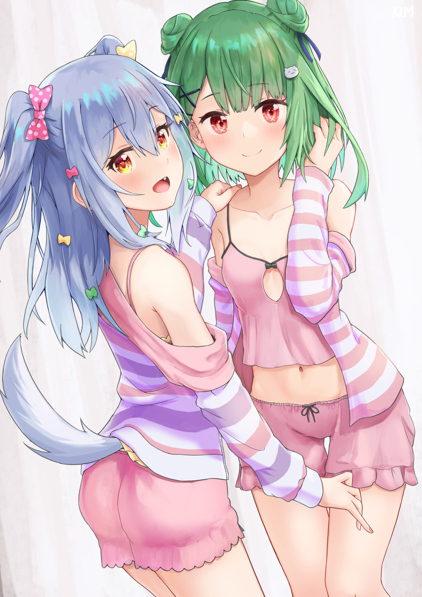 1boy 1girl absurdres alternate_costume bloomers blue_hair blush bra_strap breasts camisole commentary cowboy_shot dog_tail double_bun fang from_behind green_hair grey_background hair_between_eyes hair_ribbon hand_in_hair hand_on_another's_shoulder highres hololive inuyama_tamaki jtleeklm long_sleeves looking_at_viewer medium_hair midriff navel noripro off-shoulder_shirt off_shoulder open_clothes open_mouth open_shirt otoko_no_ko pink_bloomers pink_camisole red_eyes ribbon shirt short_hair simple_background small_breasts smile standing striped striped_shirt symbol_commentary tail thigh_gap two_side_up underwear uruha_rushia virtual_youtuber yellow_eyes