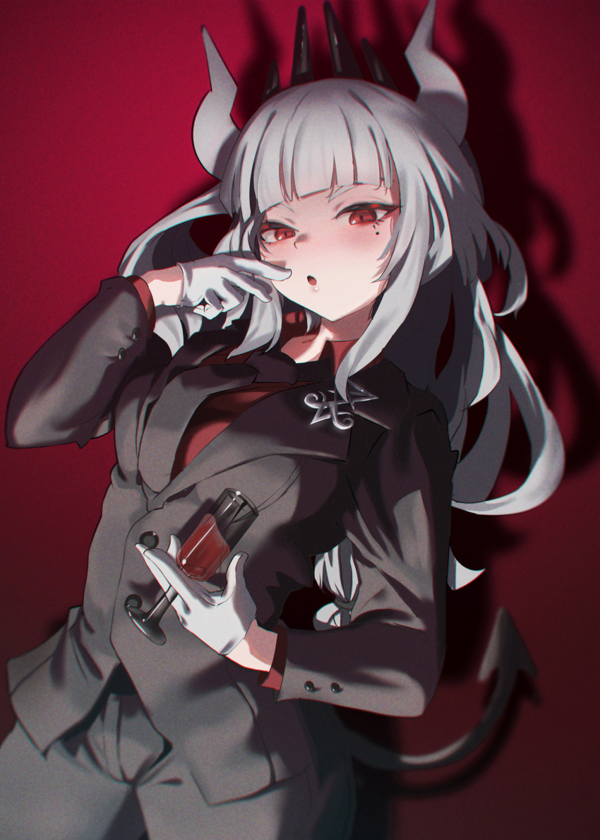 1girl alcohol bangs black_jacket black_pants blunt_bangs commentary_request cup demon_horns demon_tail drinking_glass gloves helltaker highres holding holding_cup horns jacket long_hair long_sleeves looking_at_viewer lucifer_(helltaker) mole mole_under_eye pants parted_lips red_eyes shuru_y silver_hair solo tail white_gloves wine
