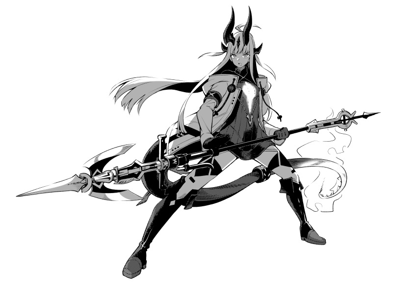 1girl absurdres ahoge arknights bangs dragon_horns dragon_tail eyebrows_visible_through_hair full_body gloves greyscale highres holding holding_spear holding_weapon horns jacket light_in_heart long_hair long_sleeves monochrome open_clothes open_mouth polearm reed_(arknights) solo spear sweater tail toxin000x weapon white_background