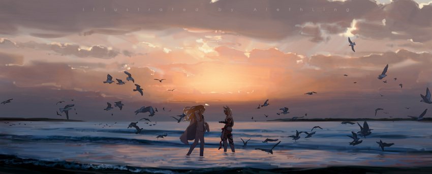1boy 1girl alethling animal armor bird blonde_hair caenis_(fate) clouds dark_skin evening fate/grand_order fate_(series) formal gloves happy highres kirschtaria_wodime long_hair looking_at_another ocean standing suit sunset waves white_gloves white_hair white_suit