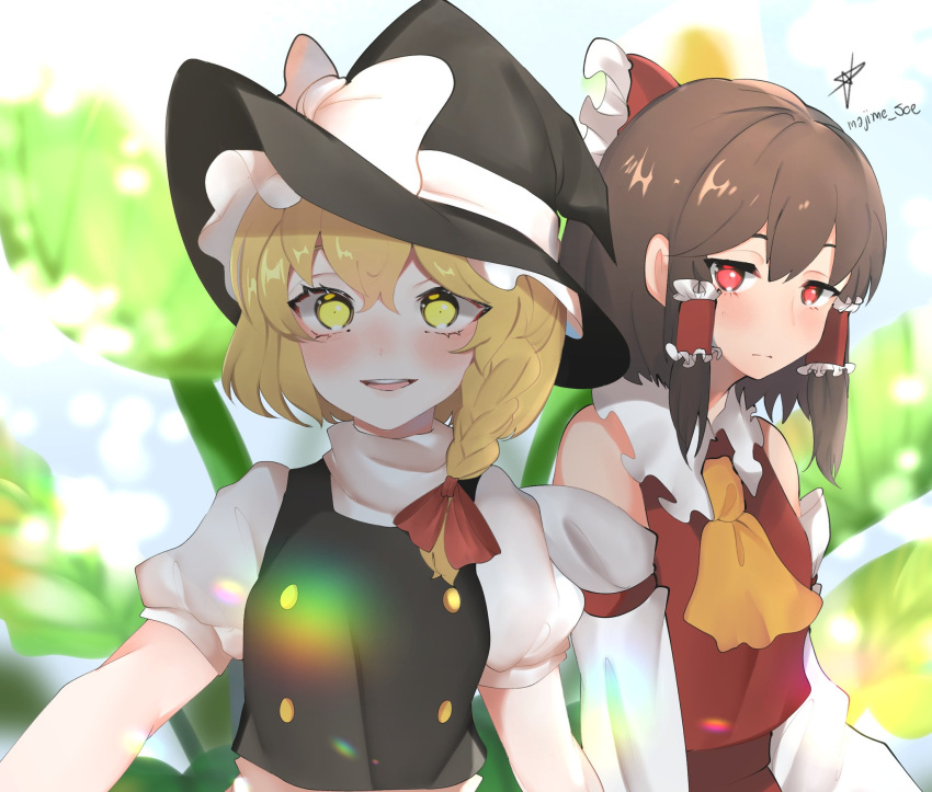 2girls ascot bare_shoulders black_dress blonde_hair blurry blush bow braid breasts brown_hair depth_of_field detached_sleeves dress frills hair_bow hair_tubes hakurei_reimu hat highres kirisame_marisa light_smile long_hair looking_at_viewer majime_joe medium_breasts multiple_girls orange_neckwear outdoors parted_lips red_eyes red_vest short_hair single_braid touhou vest witch_hat yellow_eyes