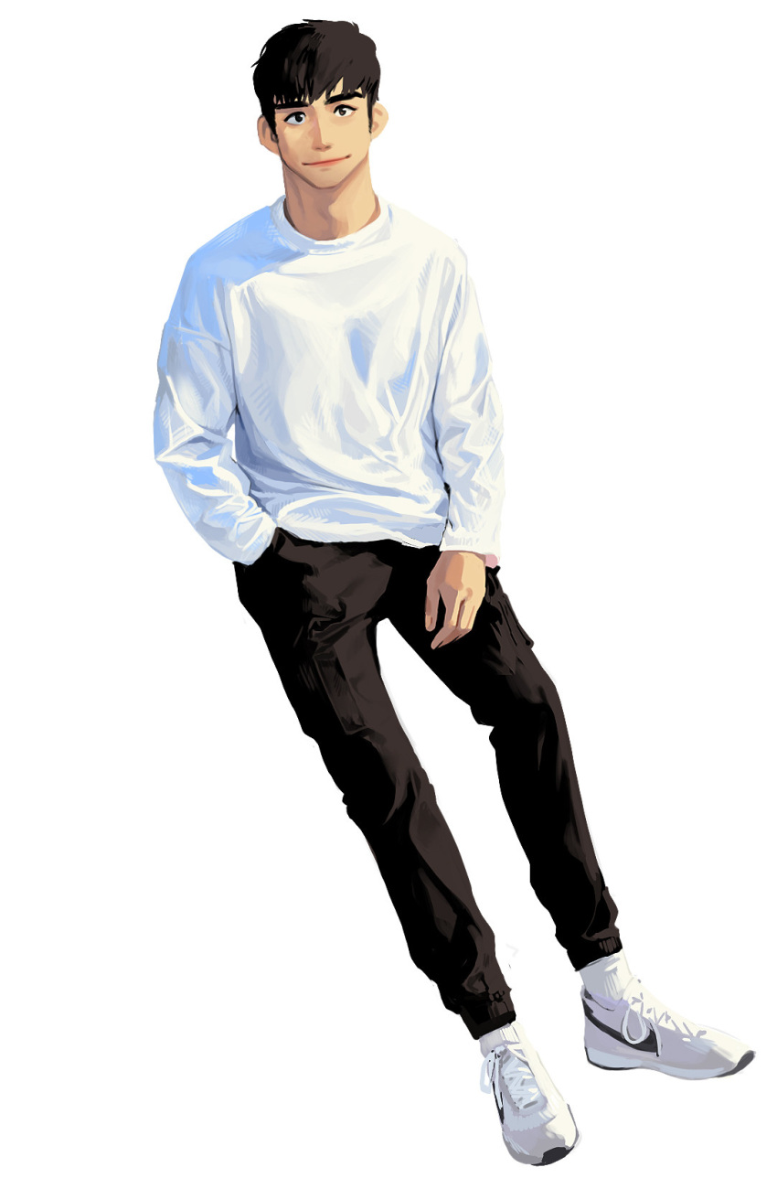 1boy black_hair black_pants full_body hand_in_pocket highres long_sleeves looking_at_viewer male_focus original pants rinotuna shirt shoes short_hair simple_background solo standing white_background white_footwear white_shirt