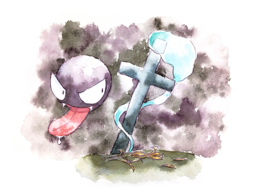 absurdres black_eyes chako_(parusminor30) commentary_request cross fangs gastly gen_1_pokemon highres leaf no_humans pokemon pokemon_(creature) saliva sideways_glance solo tongue tongue_out traditional_media watercolor_(medium)