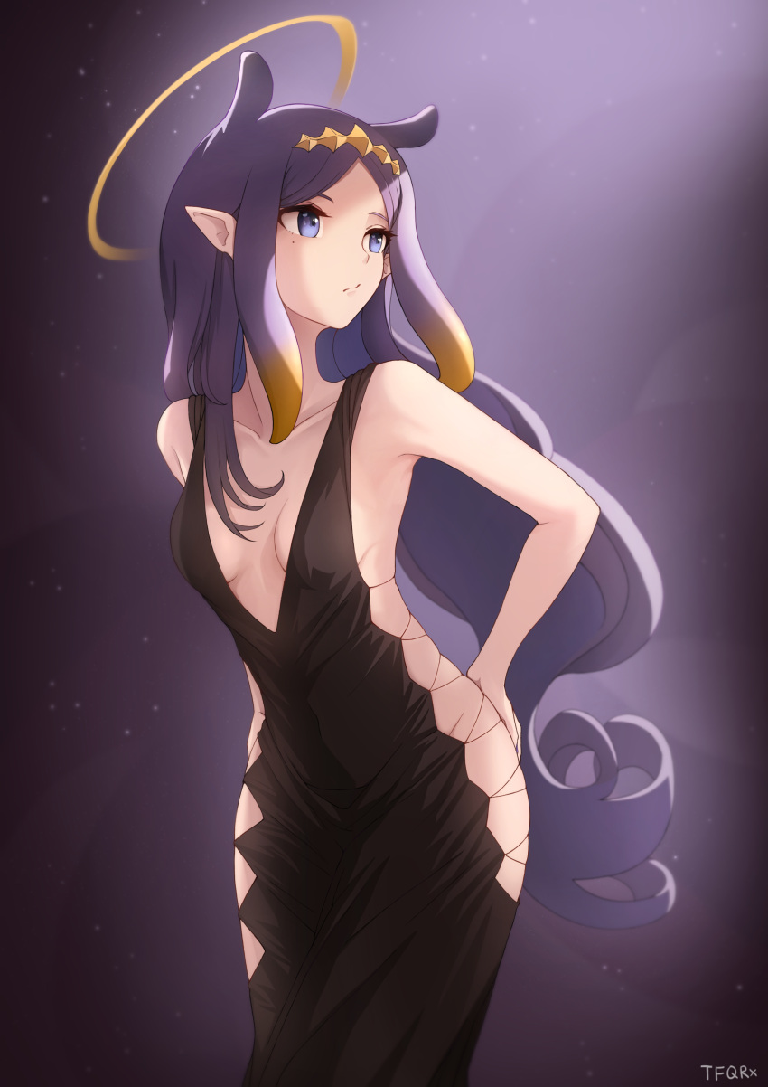1girl absurdres bangs bare_shoulders blunt_bangs collarbone dress evening_gown gown halo hand_on_hip highres hololive hololive_english long_hair mole mole_under_eye multicolored_hair ninomae_ina'nis pointy_ears purple_hair solo tentacle_hair tfqr virtual_youtuber