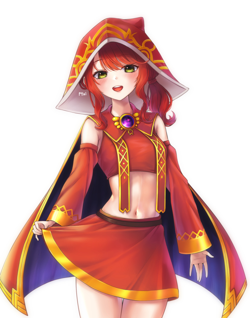 1girl :d artist_name bangs bare_shoulders blush breast_curtains breasts brooch cloak clothes_lift commentary cowboy_shot crop_top detached_sleeves eyebrows_behind_hair gold_trim green_eyes highres hood hood_up hooded_cloak jewelry korean_commentary long_hair looking_at_viewer low_ponytail maplestory midriff mssa_(mne123456) navel open_mouth oz_(maplestory) red_cloak red_hood red_shirt red_skirt red_sleeves redhead shirt sidelocks simple_background skirt skirt_lift sleeveless sleeveless_shirt small_breasts smile solo standing swept_bangs upper_teeth white_background