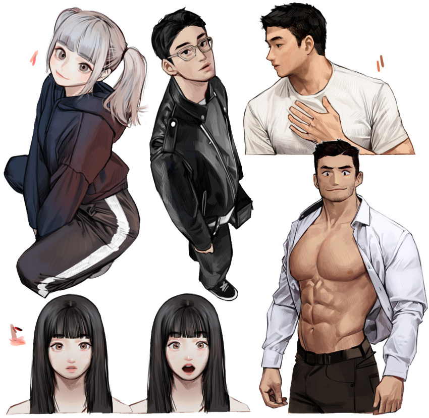 2girls 3boys abs bangs black_footwear black_hair black_jacket black_pants black_shirt blunt_bangs grey_eyes grey_hair hand_up highres jacket long_hair looking_at_viewer multiple_boys multiple_girls multiple_views muscular muscular_male open_clothes open_shirt original pants pectorals profile rinotuna shirt shoes short_hair simple_background twintails white_background white_shirt