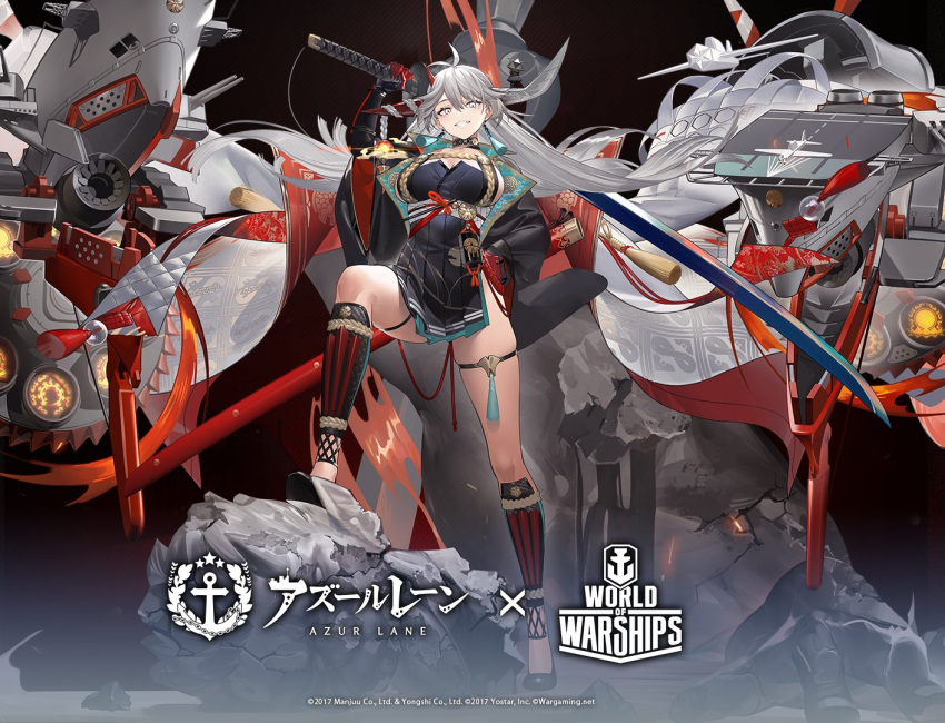1girl artist_request asymmetrical_horns azur_lane black_dress black_footwear black_gloves breasts dress flight_deck from_above full_body gloves hakuryuu_(azur_lane) holding holding_sword holding_weapon horns huge_breasts logo looking_at_viewer looking_down official_art pleated_dress promotional_art rigging short_dress silver_hair skindentation solo sword thigh_strap weapon white_eyes wide_sleeves world_of_warships