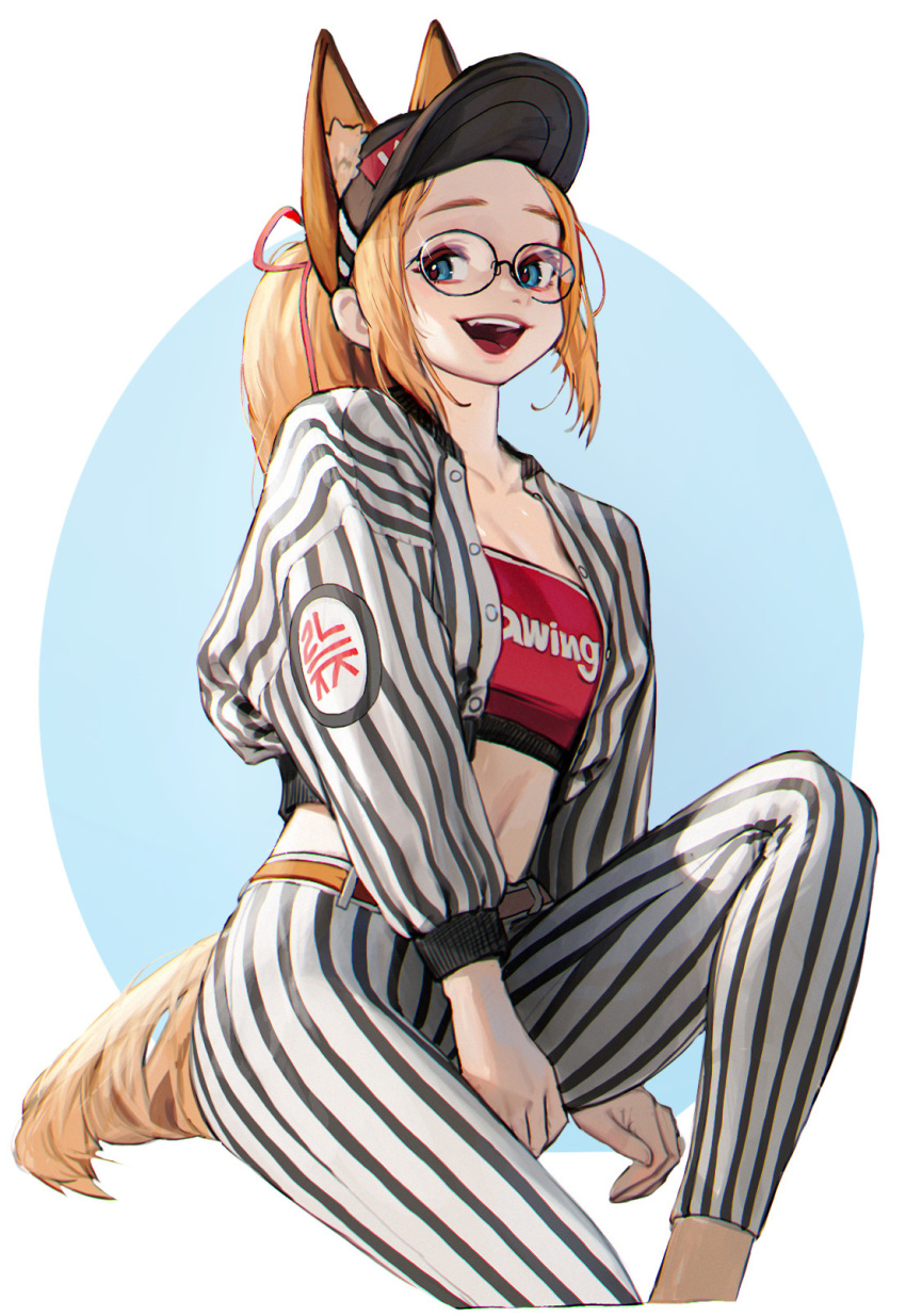 1girl belt blonde_hair blue_eyes feet_out_of_frame glasses hat highres invisible_chair long_hair long_sleeves midriff navel open_clothes open_mouth open_shirt original pants ponytail rinotuna shirt sidelocks sitting smile solo striped striped_pants striped_shirt very_long_hair