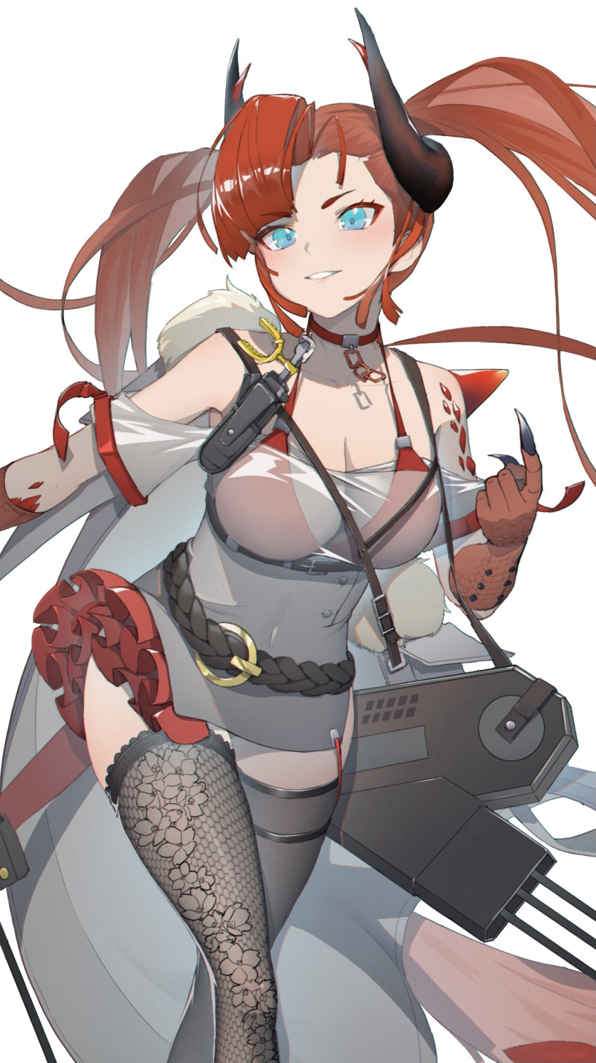 1girl arknights bangs bare_shoulders belt black_belt black_legwear blue_eyes bra breasts chinese_commentary choker commentary_request crossed_legs dress feet_out_of_frame grey_dress highres horns long_hair medium_breasts off-shoulder_dress off_shoulder parted_lips partial_commentary pencil_dress red_bra red_choker redhead see-through short_sleeves simple_background solo standing thigh-highs toddifons_(arknights) twintails underwear very_long_hair white_background yanmaichengzi