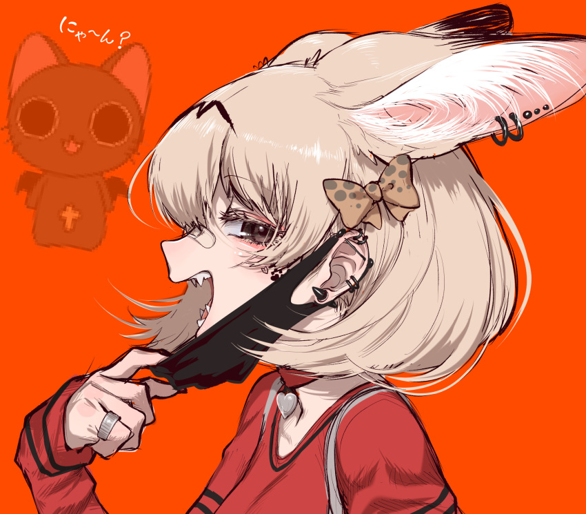 1girl alternate_costume animal_ear_fluff animal_ears bandaid bandaid_on_nose bangs black_eyes blonde_hair bow choker ear_piercing extra_ears fangs from_side hair_between_eyes hair_bow heart heart_choker highres jewelry kemono_friends long_sleeves looking_at_viewer mask mask_pull mouth_mask notora open_mouth orange_background piercing portrait red_choker ring serval_(kemono_friends) serval_ears short_hair simple_background solo teeth vampire_(vocaloid)