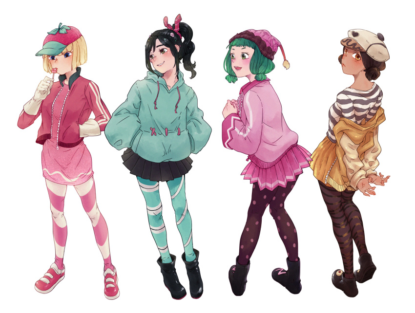 4girls alternate_height baggy_clothes bangs baseball_cap beanie black_footwear black_hair blonde_hair bob_cut boots breasts brown_hair cake_hat candlehead candy candy_hair_ornament child crumbelina_di_carmello disney double_bun dress eating food food-themed_hair_ornament from_behind gloves gold_jacket green_hair green_hoodie hair_ornament hands_in_pockets hat highres hood hoodie jacket licorice_(food) lollipop looking_at_another low_twintails miniskirt multiple_girls pantyhose pink_dress pink_footwear pink_jacket pleated_skirt polka_dot polka_dot_legwear ponytail removing_jacket shinoharatotsuki shirt short_hair skirt smile stitches straight_hair strawberry_hat striped striped_legwear striped_shirt taffyta_muttonfudge twintails vanellope_von_schweetz wreck-it_ralph
