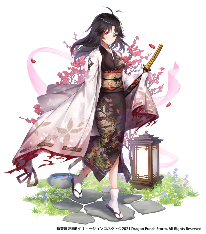 1girl absurdres antenna_hair apple_caramel bangs black_footwear black_hair black_kimono character_request closed_mouth commentary_request eyebrows_visible_through_hair flower highres holding holding_sheath illusion_connect japanese_clothes katana kimono long_hair long_sleeves looking_at_viewer obi official_art open_clothes parted_bangs red_eyes red_flower sash sheath sheathed sleeves_past_fingers sleeves_past_wrists socks solo sword tabi walking weapon white_background white_legwear zouri