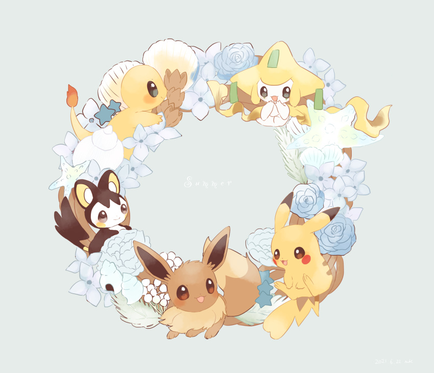 :d blue_flower blush brown_eyes charmander closed_mouth commentary_request eevee emolga fire flame flower gen_1_pokemon gen_3_pokemon gen_5_pokemon grey_background hands_up happy highres jirachi looking_back mkt_(buizu-miki) mythical_pokemon no_humans open_mouth pikachu pokemon pokemon_(creature) ribbon seashell shell simple_background smile star_(symbol)