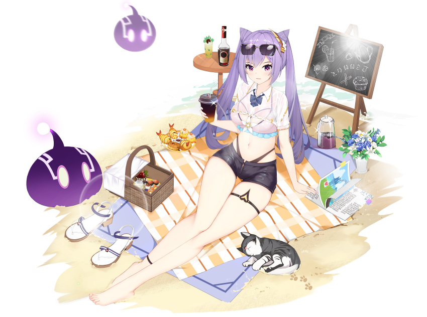 1girl absurdres alternate_costume aze_not_bald barefoot beach beach_towel bikini black_shorts book bottle breasts cat crop_top cup disposable_cup drinking_straw eyewear_on_head flower food footwear_removed genshin_impact hair_cones hair_ornament highres holding jar keqing_(genshin_impact) long_hair looking_at_viewer medium_breasts menu_board midriff navel picnic_basket purple_hair sand sandals shirt short_shorts shorts slime_(genshin_impact) solo sunglasses swimsuit table thigh_gap thigh_strap towel twintails violet_eyes