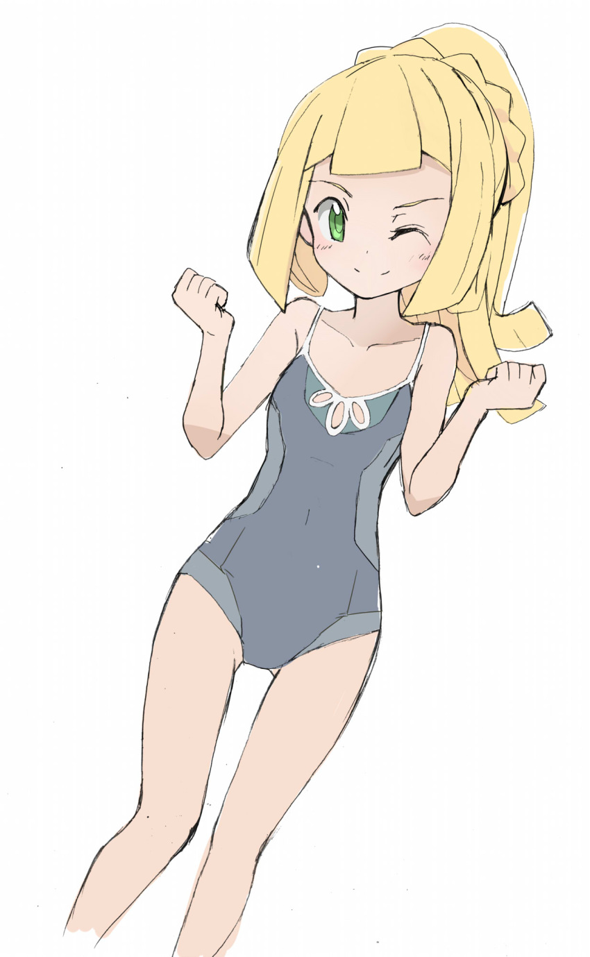 1girl alternate_costume bare_arms blonde_hair blush clenched_hand closed_mouth collarbone commentary_request covered_navel disconnected_mouth eyelashes female green_eyes grey_swimsuit hands_up highres lillie_(pokemon) long_hair looking_at_viewer nagitaro one-piece_swimsuit one_eye_closed pokemon pokemon_(anime) pokemon_sm_(anime) ponytail sketch smile solo swimsuit