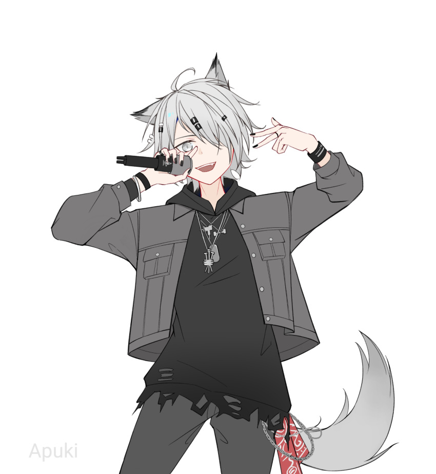 1girl ahoge ambience_synesthesia animal_ears apuki arknights artist_name black_hoodie black_jacket black_nails black_pants dog_tags fang grey_eyes grey_hair hair_over_one_eye highres holding holding_microphone hood hood_down hoodie jacket lappland_(ambience_synesthesia)_(arknights) lappland_(arknights) looking_at_viewer microphone open_clothes open_jacket open_mouth pants short_hair simple_background solo tail w white_background wolf_ears wolf_girl wolf_tail wristband