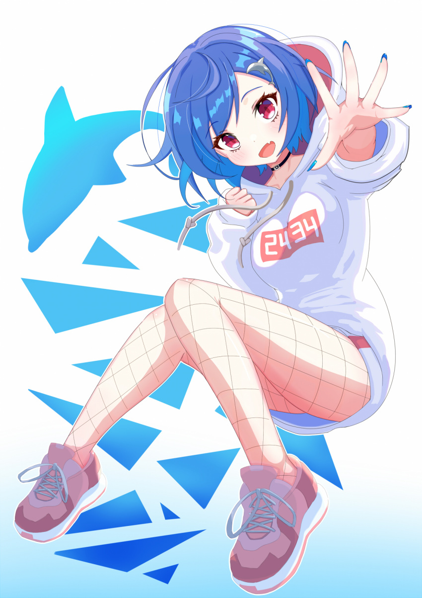 banana_de_ikopon blue_hair blue_nails breasts clenched_hand dolphin_hair_ornament eyebrows_visible_through_hair fang fishnets highres hood hoodie medium_breasts nijisanji nishizono_chigusa open_hand open_mouth red_eyes red_footwear shoes short_hair skin_fang smile sneakers virtual_youtuber white_hoodie