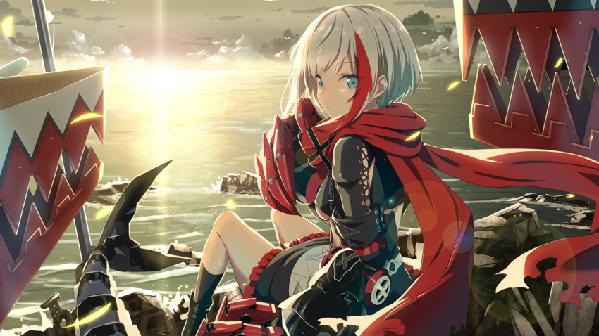 1girl admiral_graf_spee_(azur_lane) azur_lane bangs black_dress black_footwear black_legwear blue_eyes blunt_bangs blush boots breasts closed_mouth clouds commentary_request dress eyebrows_visible_through_hair fish_tail gotyou grey_sky kneehighs lens_flare loading_screen long_sleeves looking_at_viewer mechanical_gloves mechanical_hands multicolored_hair ocean official_art outdoors red_scarf redhead rigging scarf shark_tail short_hair sidelocks silver_hair sitting small_breasts solo streaked_hair sunrise sunset tail wind