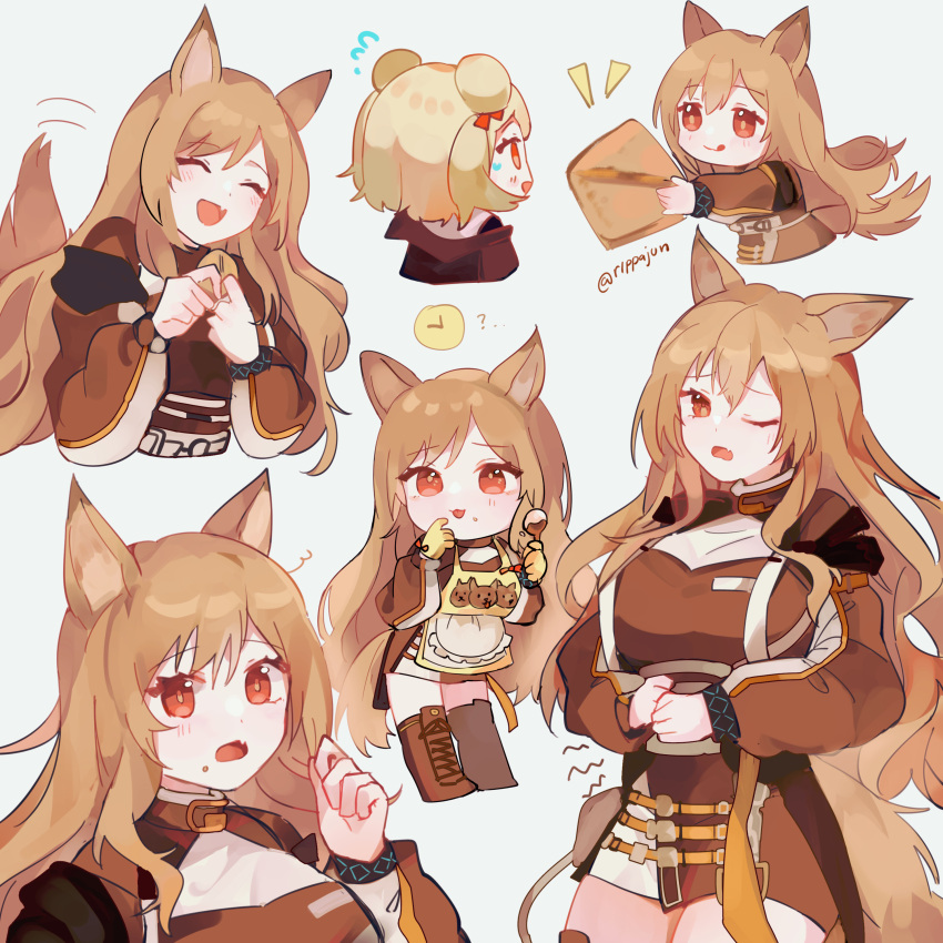 2girls :d :q absurdres animal_ears apron arknights artist_name bear_ears bear_girl blonde_hair boots breasts brown_dress brown_footwear brown_hair ceobe_(arknights) chibi closed_eyes dog_ears dog_girl dress duplicate fang food food_on_face gloves gummy_(arknights) highres holding holding_cookie holding_spoon hungry infection_monitor_(arknights) large_breasts long_hair multiple_girls multiple_persona multiple_views one_eye_closed open_mouth pixel-perfect_duplicate red_eyes rippajun skin_fang smile spoon staff thigh-highs thigh_boots thighs tongue tongue_out white_background yellow_apron yellow_gloves