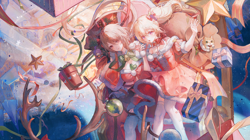 2girls antlers artist_request bare_shoulders bell benghuai_xueyuan breasts cat character_request christmas christmas_ornaments city cityscape dress floating gift highres honkai_(series) honkai_impact_3rd jingle_bell multiple_girls night night_sky official_art pink_dress reindeer_antlers riding rita_rossweisse sack sitting sky sleigh star_(symbol) thigh-highs white_legwear