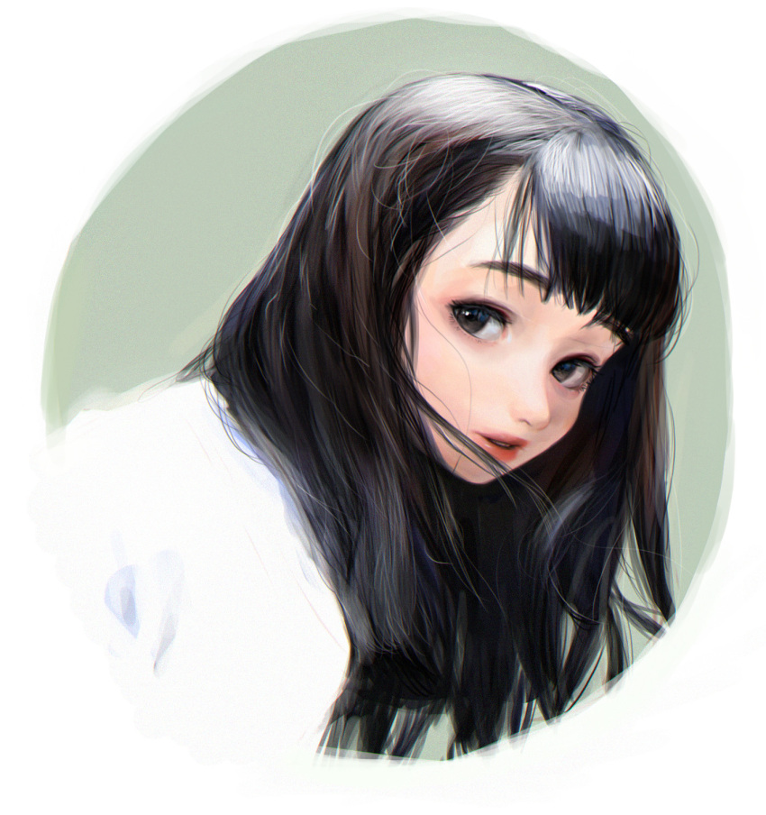 1girl bangs black_eyes black_hair green_background highres long_hair looking_at_viewer original parted_lips portrait rinotuna shirt solo white_shirt