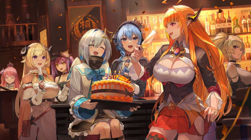 absurdres ahoge amane_kanata bar birthday_cake blonde_hair blue_hair bottle bow braid breasts cake champagne_flute coco_kaine confetti cup drinking_glass food halo hat highres himemori_luna hololive horns hoshimachi_suisei instrument kiryu-chan kiryu_coco large_breasts long_hair miteiru_(shirakami_fubuki) nalai orange_hair piano pink_hair pointy_ears purple_hair ryoushi_chicken_soup_grass_big_chungus silver_hair skirt tokoyami_towa tsunomaki_watame twintails